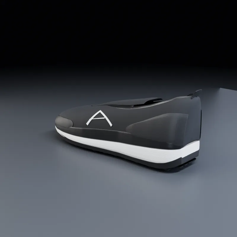 Rear three-quarter view showing the welded TPU heel clip wrapping the collar and the black pull tab.