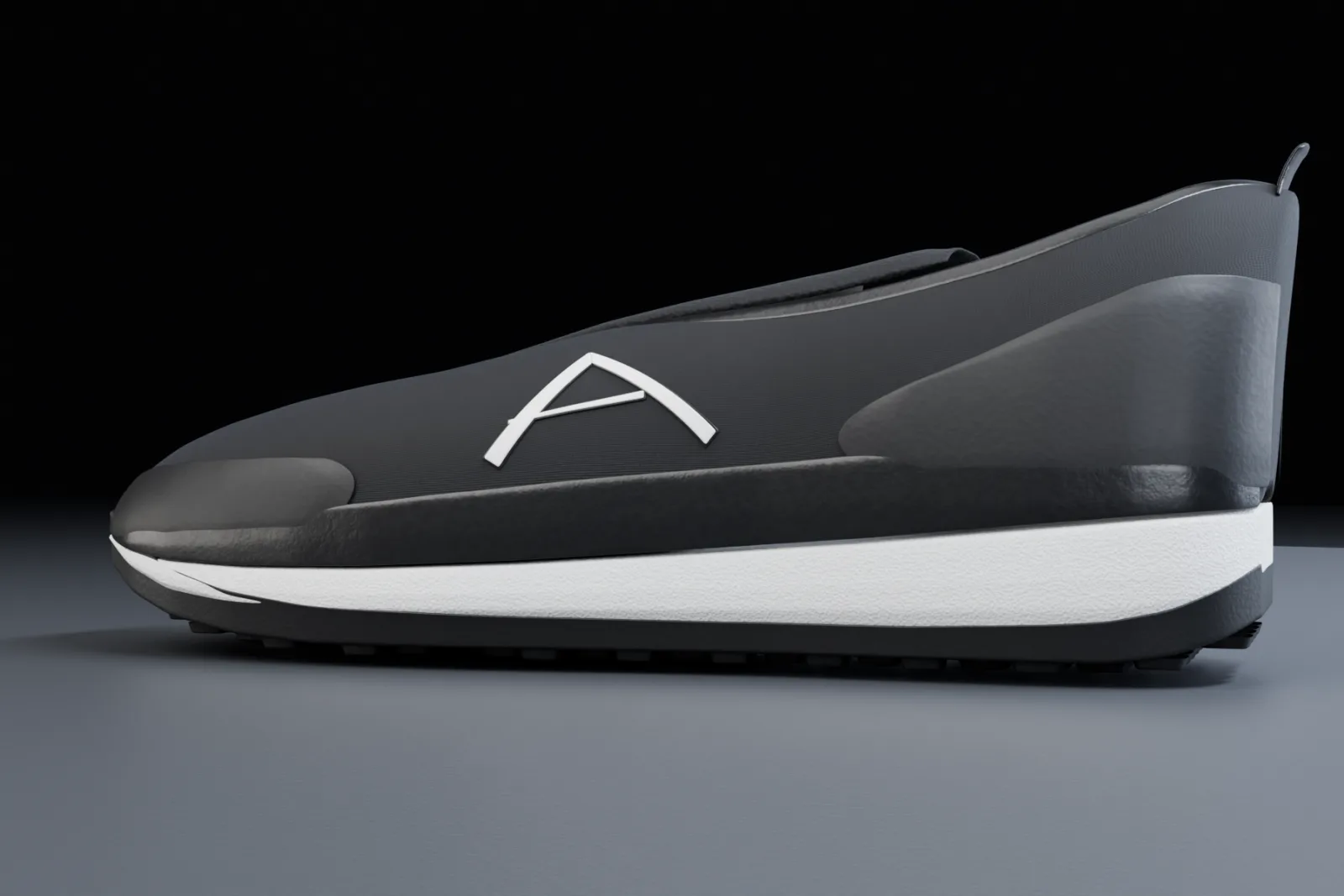 Low, dramatic lateral view of the AERO A-01 lit from behind, the white midsole reading as a single bright line beneath the black knit upper.