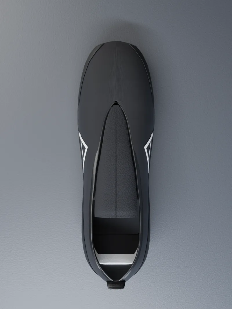 Top-down view of the AERO A-01 showing the footprint of the last and the padded tongue centred in the throat.